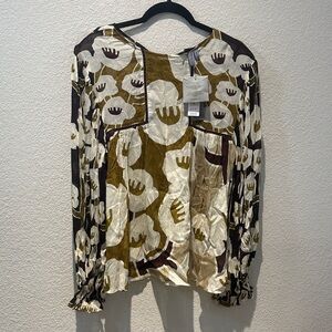 Blank London Abstract Floral Long Sleeve Blouse in Olive, Cream & Brown size M